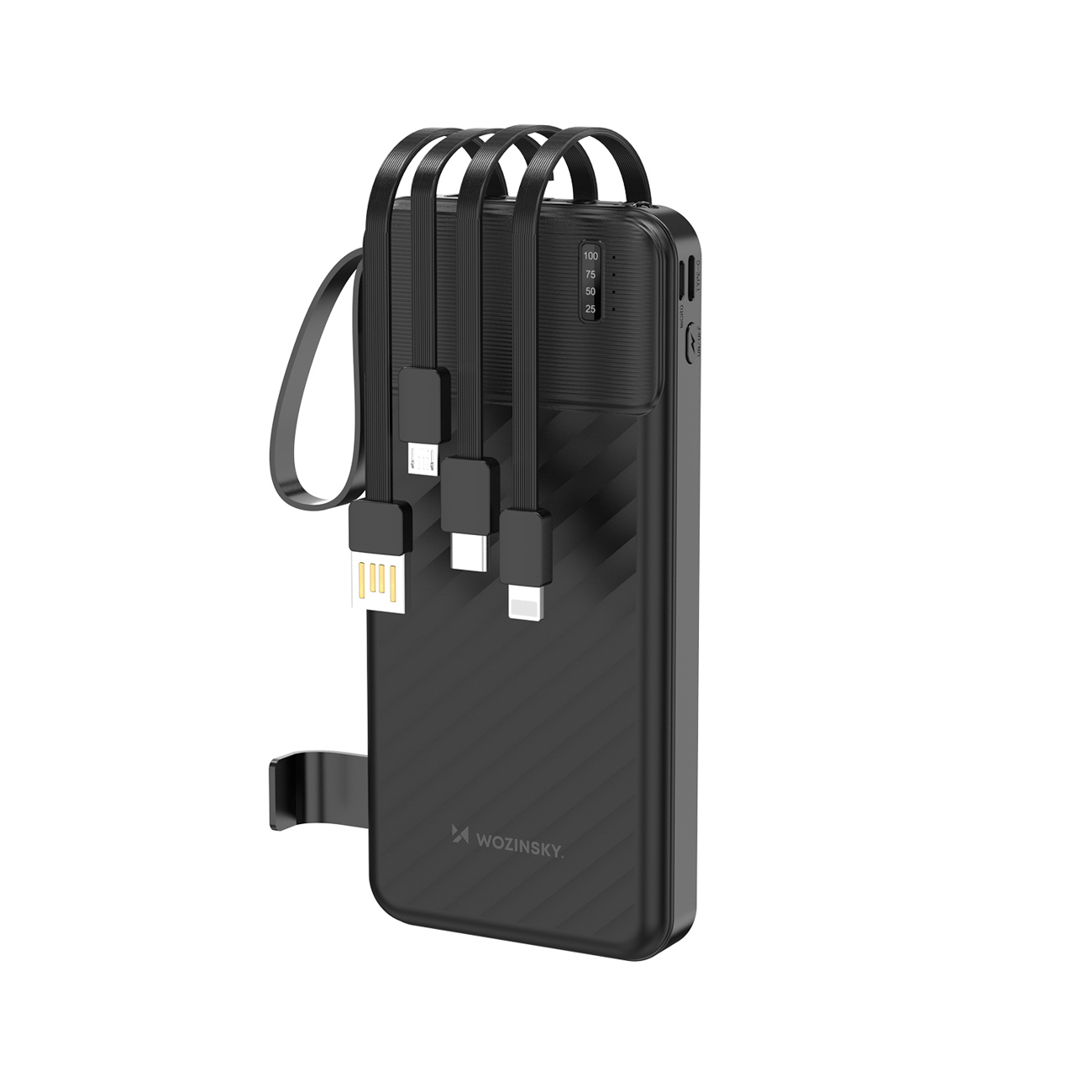 Wozinsky W11-B 10000mAh 10W varavirtalähde sisäänrakennetuilla kaapeleilla ja taskulampulla - musta