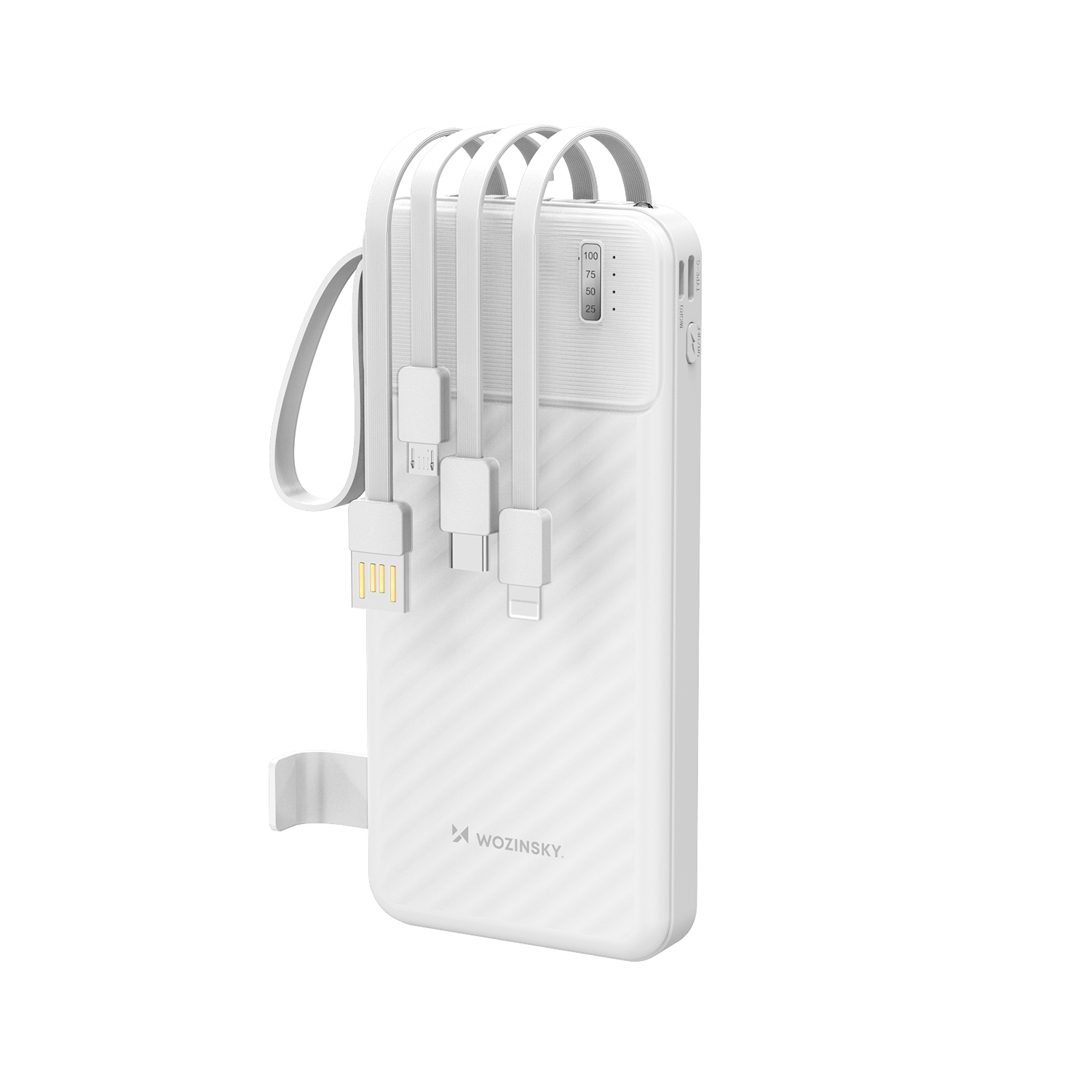 Wozinsky W11-W 10000mAh 10W varavirtalähde sisäänrakennetuilla kaapeleilla ja taskulampulla - valkoinen