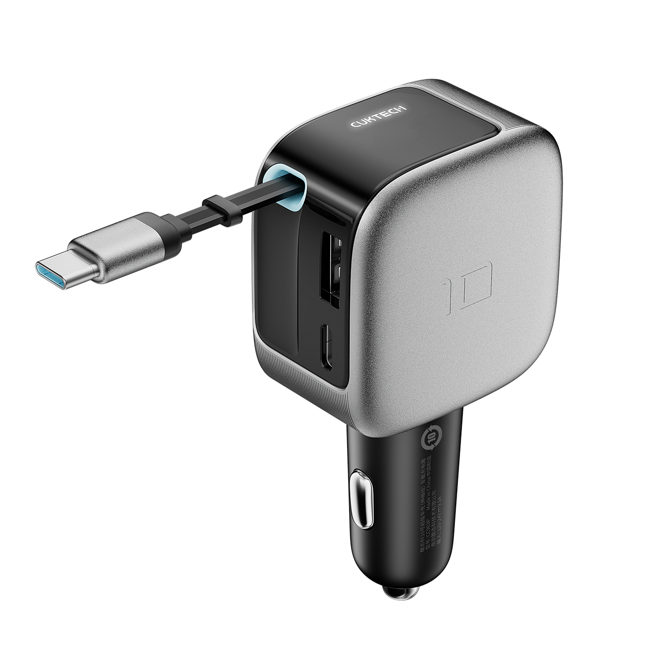 Cuktech CC903P car charger 100 W, with display and 70 cm retractable USB-C cable – gray