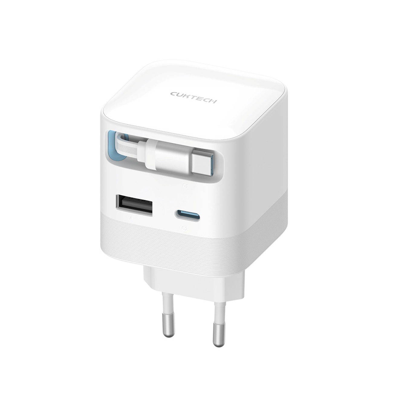 Cuktech AD653W wall power adapter 67 W GaN, 2× USB-C and USB-A, with 70 cm retractable USB-C cable – white