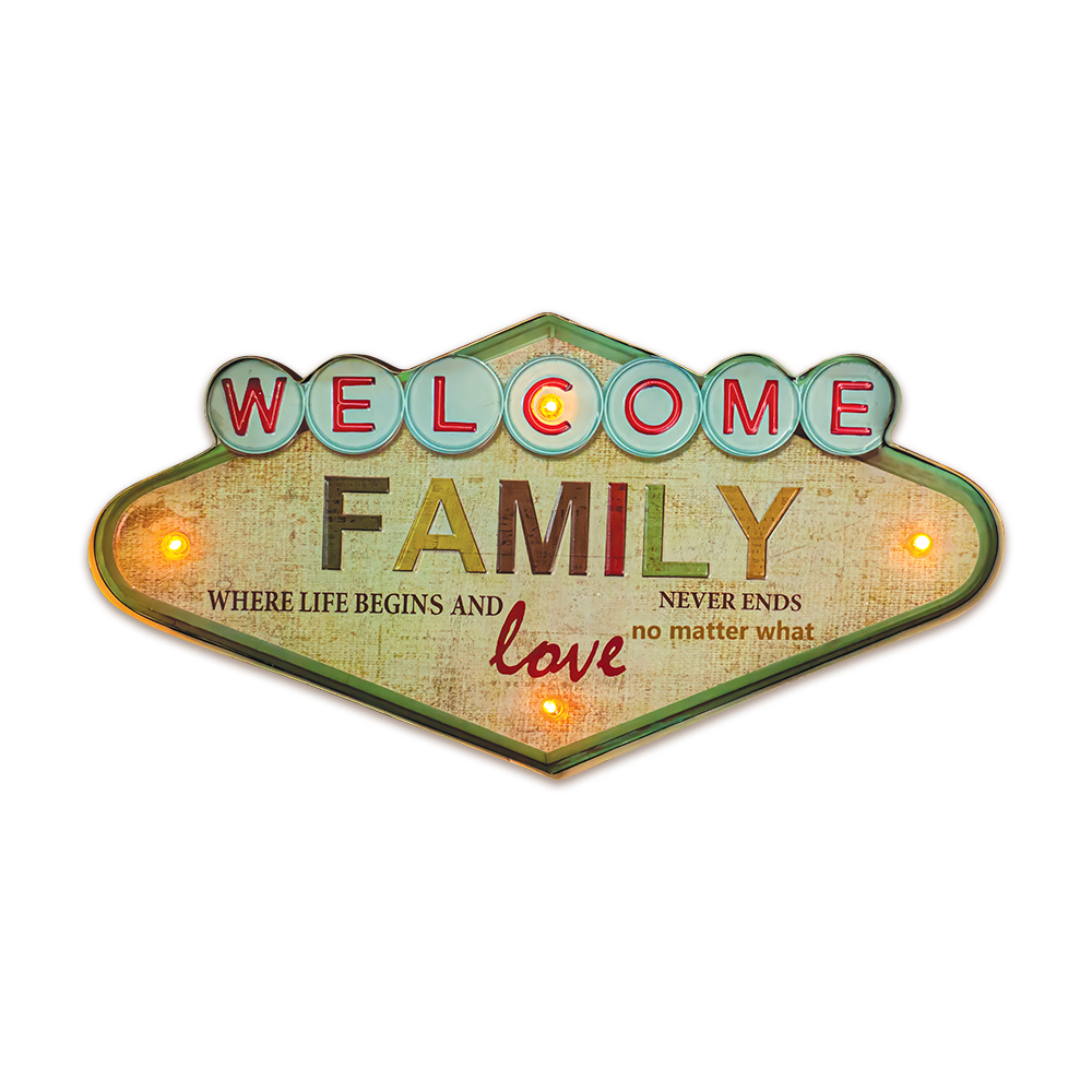 RETRO metallikyltti LED Welcome Family Forever Light