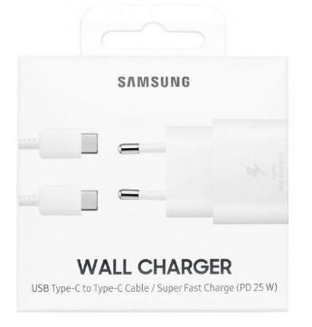Laturi alkuperäinen Samsung Super Fast Charging (Type-C) EP-TA800XWEGWW (25W) valkoinen + type-C kaapeli laatikon kanssa