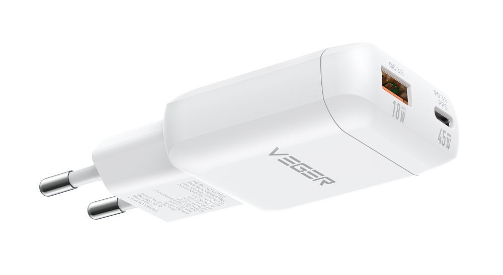 Puhelimen laturi USB-A + Type-C PD 45 W + datakaapeli Type-C–C 100 W VEGER TR121, valkoinen