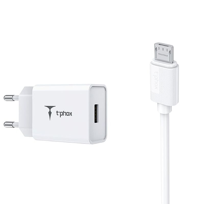 SEINÄLATURI T-PHOX MINI-EU MICRO USB VALKOINEN 1.2M 2.4A