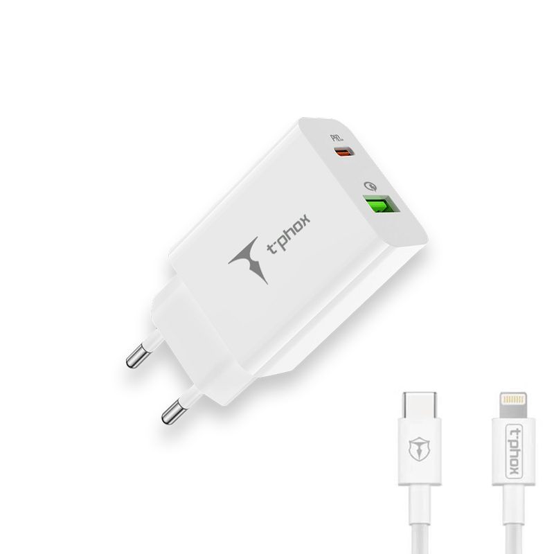 SEINÄLATURI T-PHOX SPEEDY USB-C 20W/USB 18W PD QC + KAAPELI LIGHTNING 1M VALKOINEN