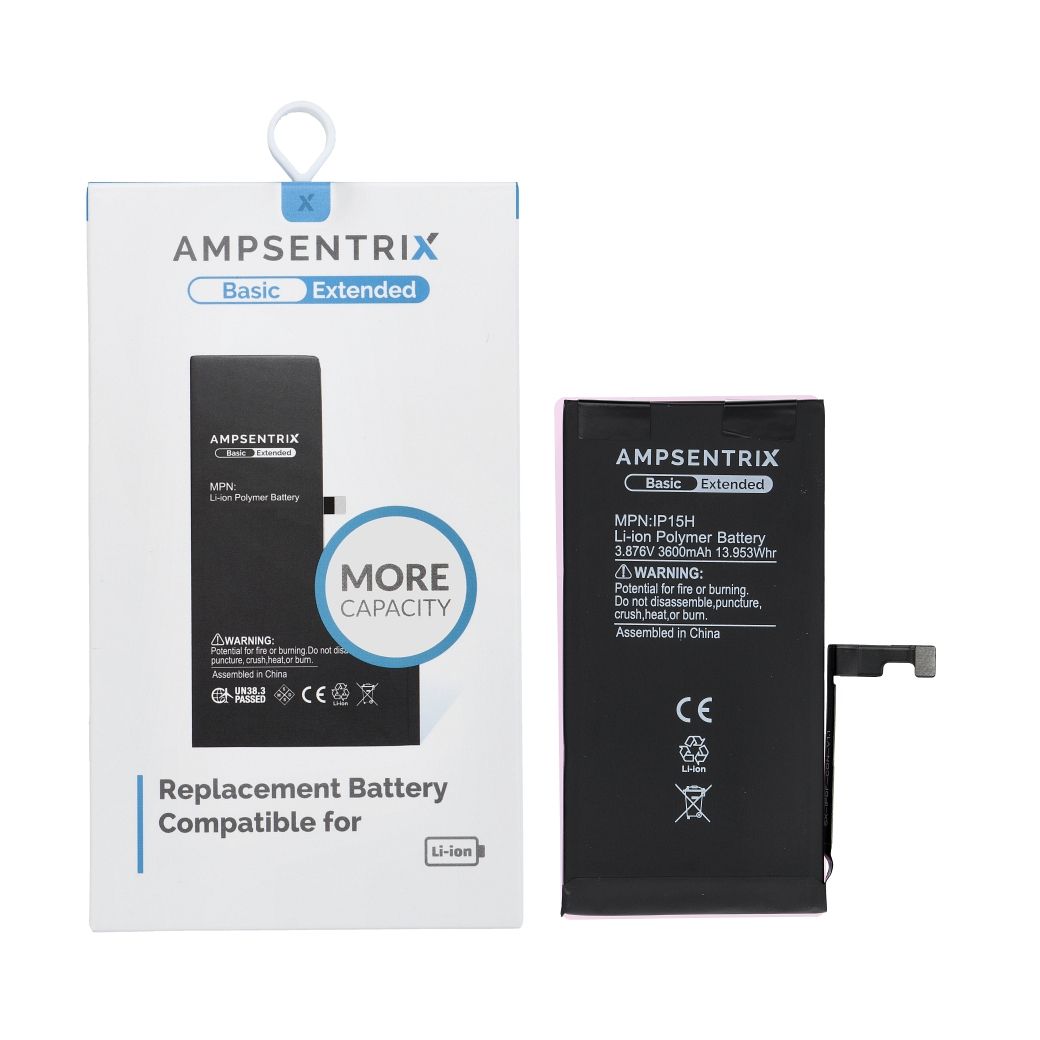 AmpSentrix Basic akku iPhone 15:lle (suurikapasiteettinen 3600 mAh)