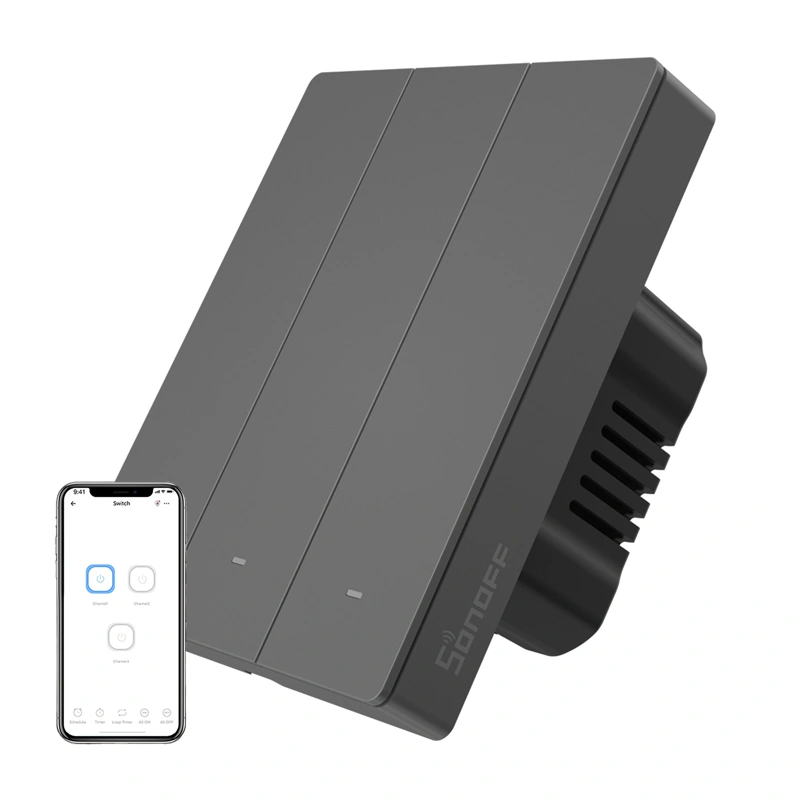 SONOFF M5-3C-80 älykäs Wi-Fi-seinäkytkin (3-kanavainen, kehykseen, grafiitti)