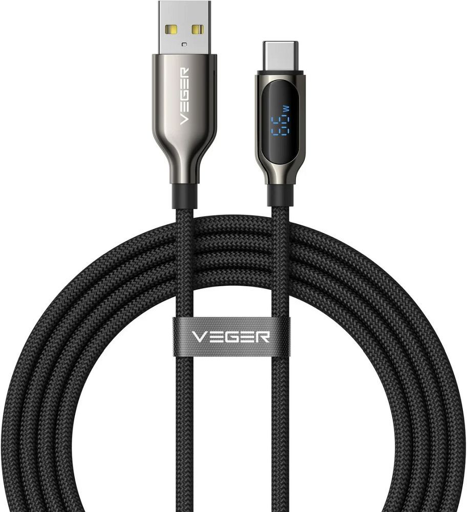 Kaapeli LED-näytöllä, USB A – Type C, VEGER PD 3A 66W, AC1-XHJ, 1,2 m, musta