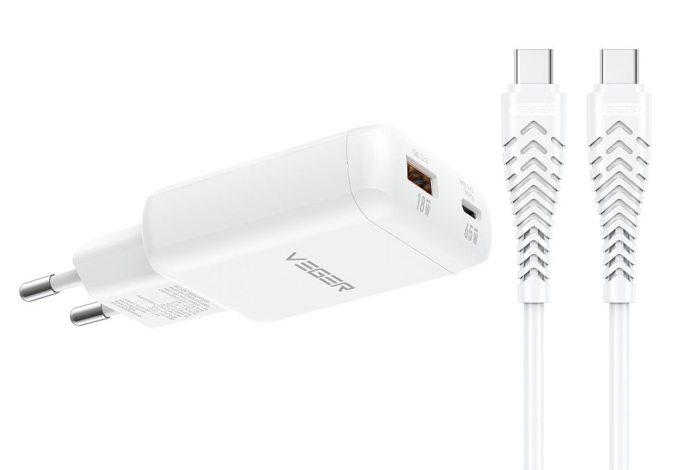 Puhelimen laturi USB-A + Type-C PD 65 W + datakaapeli Type-C–C 100 W VEGER TR122, valkoinen