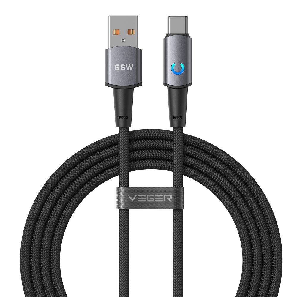 Kaapeli LED-merkkivalolla, USB A – Type C, VEGER PD 3A 66W, AC1-ZSD, 1,2 m, musta