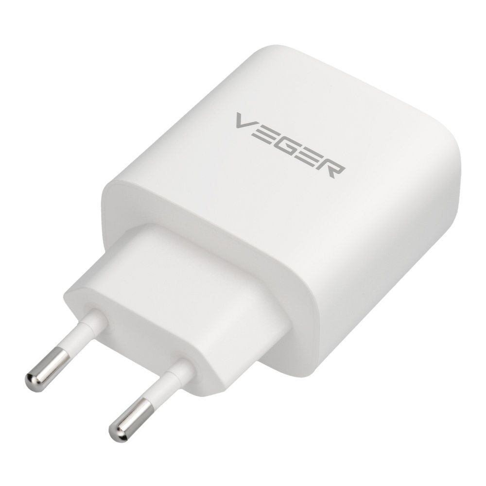 VEGER-puhelimen laturi, USB-A + Type-C, PD, QC3.0, 3,25 A, 65 W + USB-C–USB-C-kaapeli TR67, valkoinen
