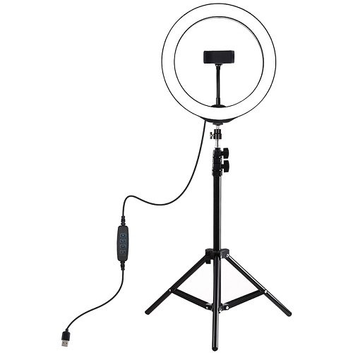LED-rengasvalo 26 cm pöytäjalustalla jopa 1.1m, puhelinpidike, USB