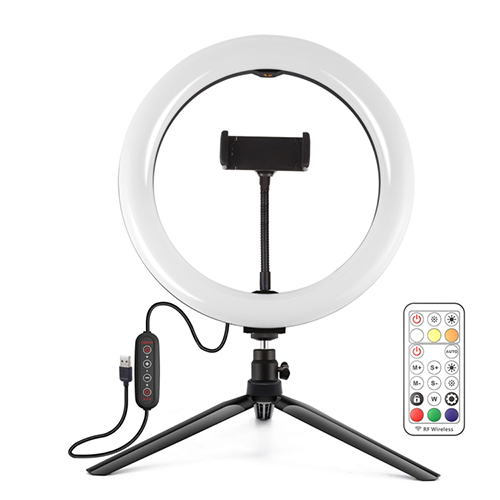 LED-rengasvalo 26cm jalustalla 8.3cm, puhelinpidike, USB