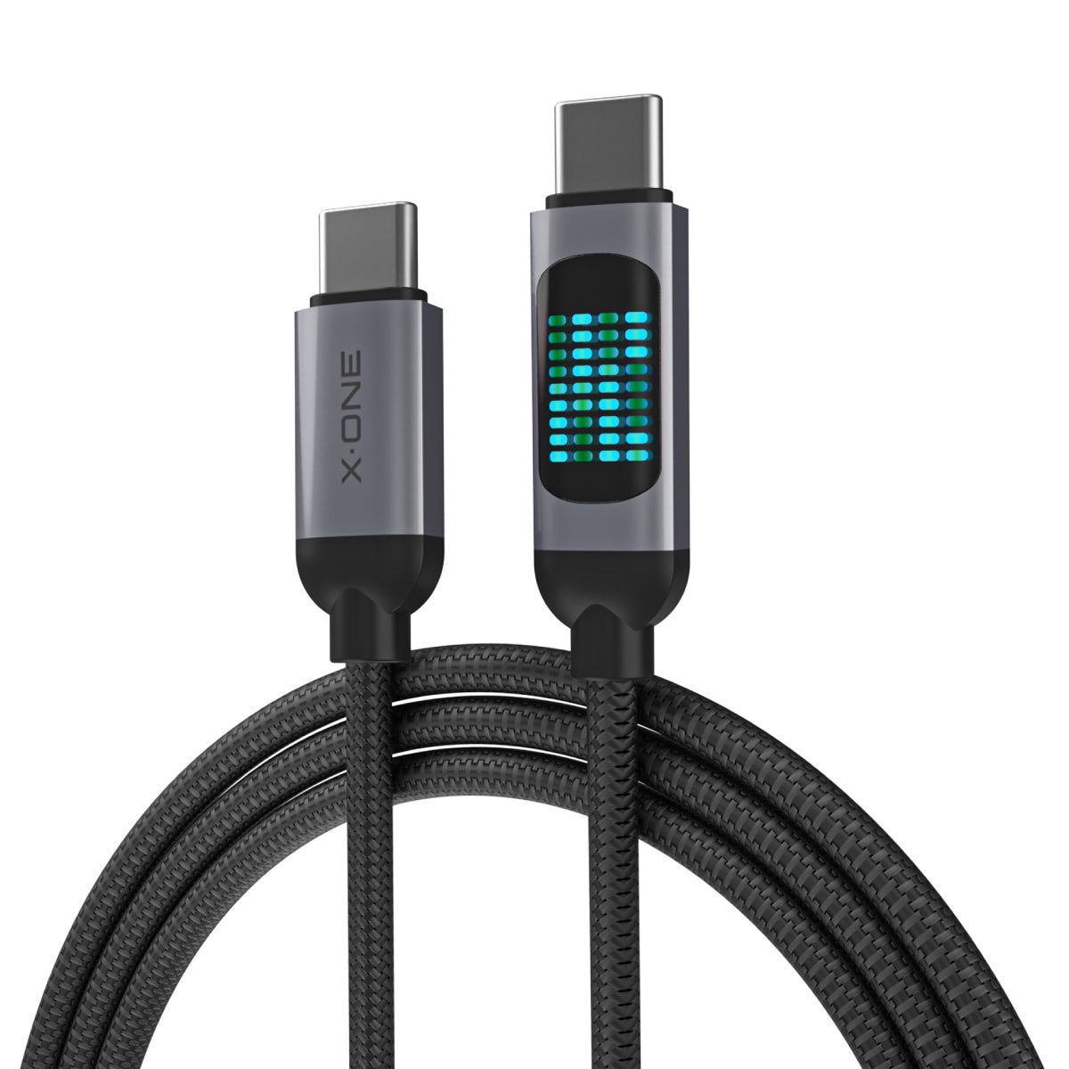 X-ONE FlowLink -datakaapeli juoksevalla LED-valolla – C–C-tyyppinen – 5A, enintään 100W, 1,2m, musta