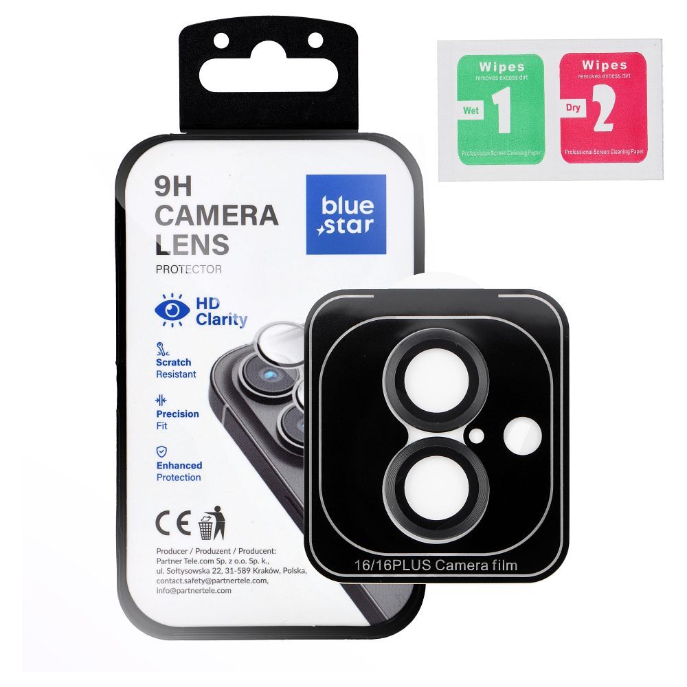 Kameran linssin suoja BLUE STAR Easy Install IPHONE 16 / 16 PLUS musta