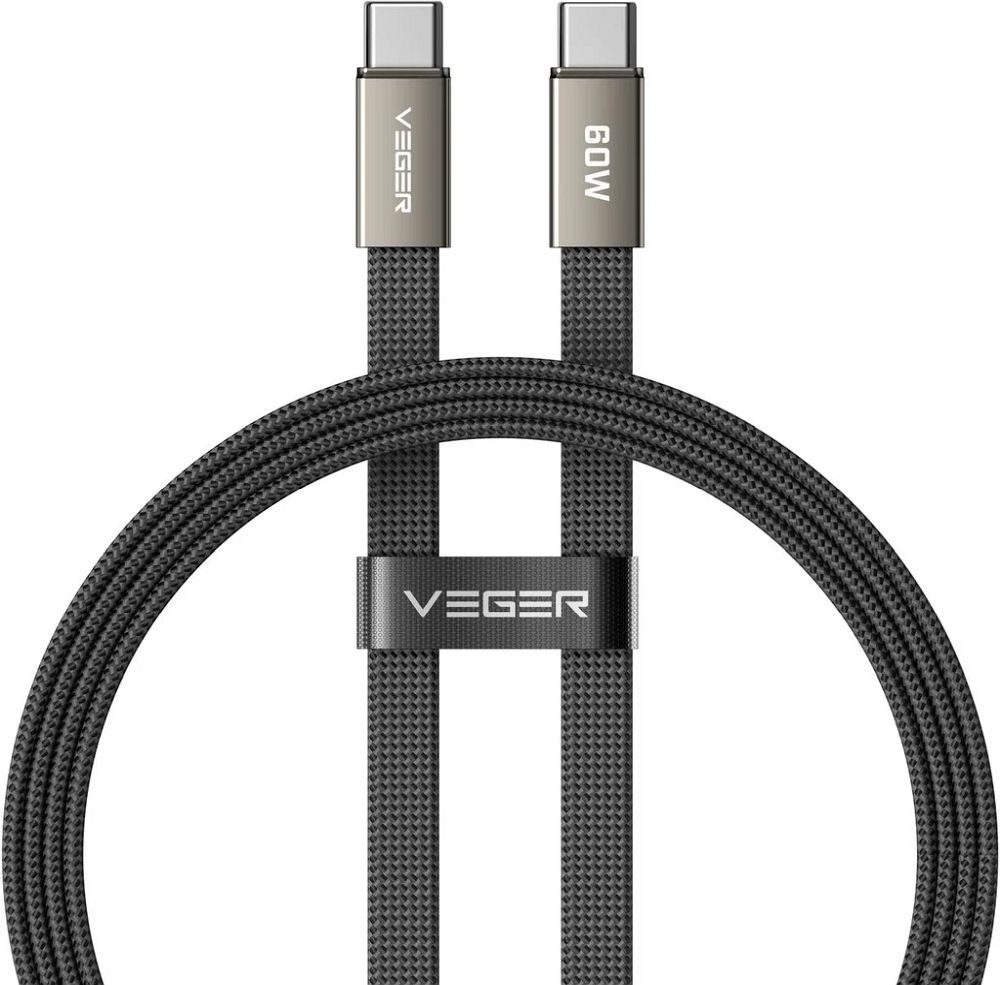 Litteä kaapeli, tyyppi C – tyyppi C, VEGER PD 3A 60 W, CC06-MTB, 1,2 m, musta