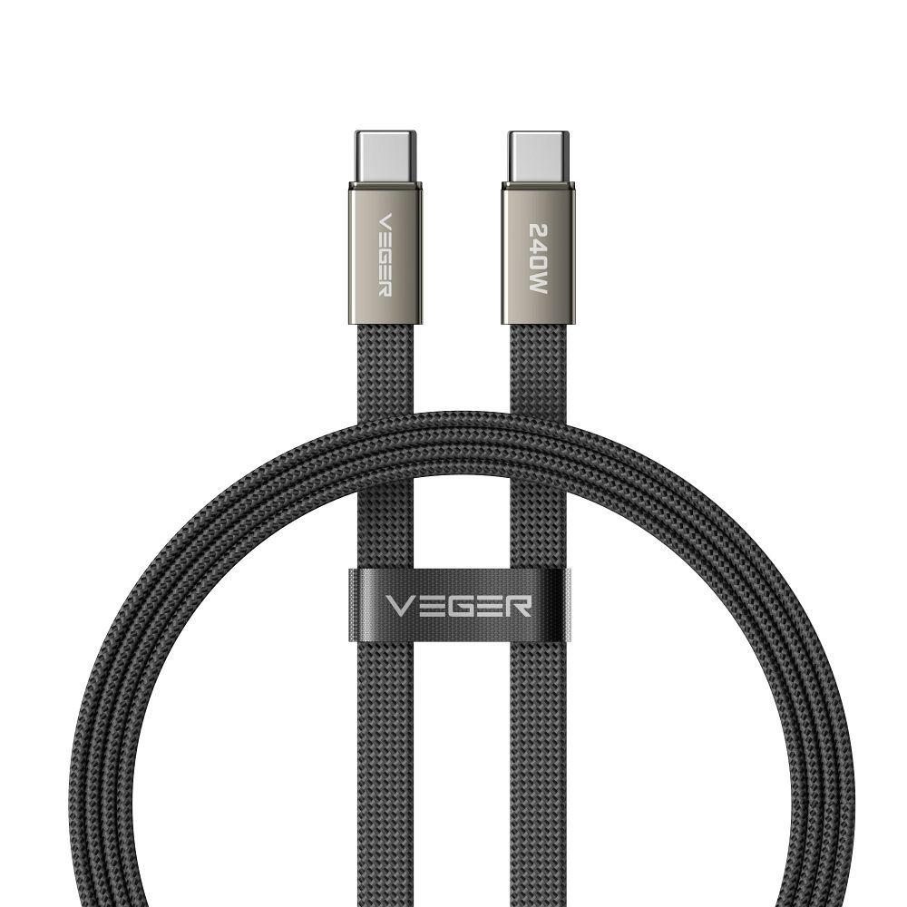 Litteä kaapeli, tyyppi C – tyyppi C, VEGER PD 5A 240 W, CC2-MTB, 1,5 m, musta