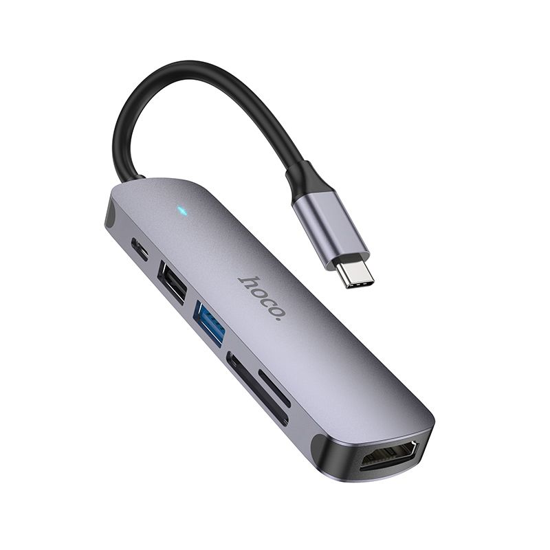Sovitin Hoco HB28 Type-C monitoiminen HDMI+USB3.0+USB2.0+SD+TF+PD harmaa