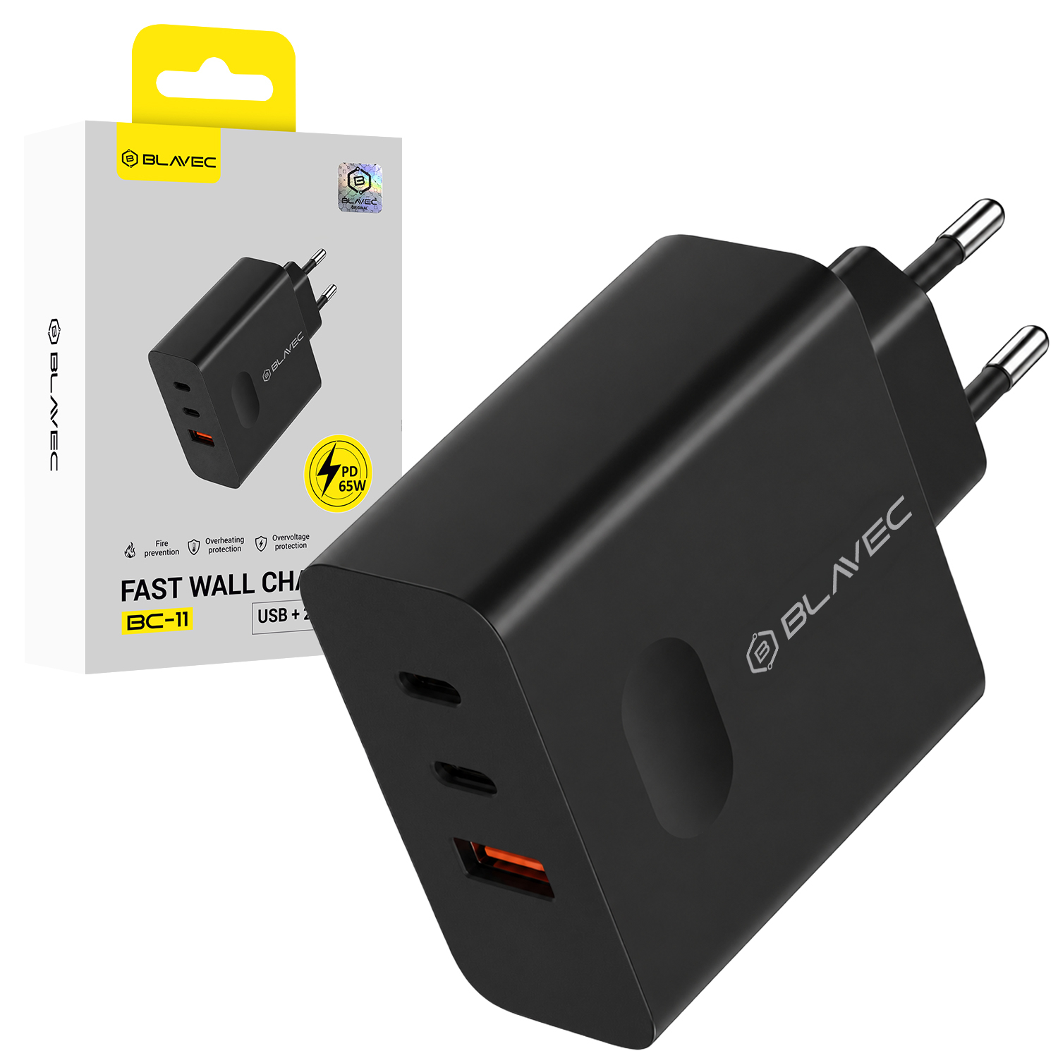 Blavec seinälaturi BC-11 GaN - USB + 2xType C - QC PD 65W 3A (TCBC11G-U2CB653A) musta