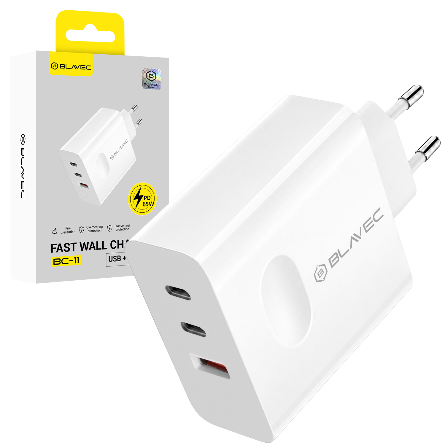 Blavec seinälaturi BC-11 GaN - USB + 2xType C - QC PD 65W 3A (TCBC11G-U2CW653A) valkoinen