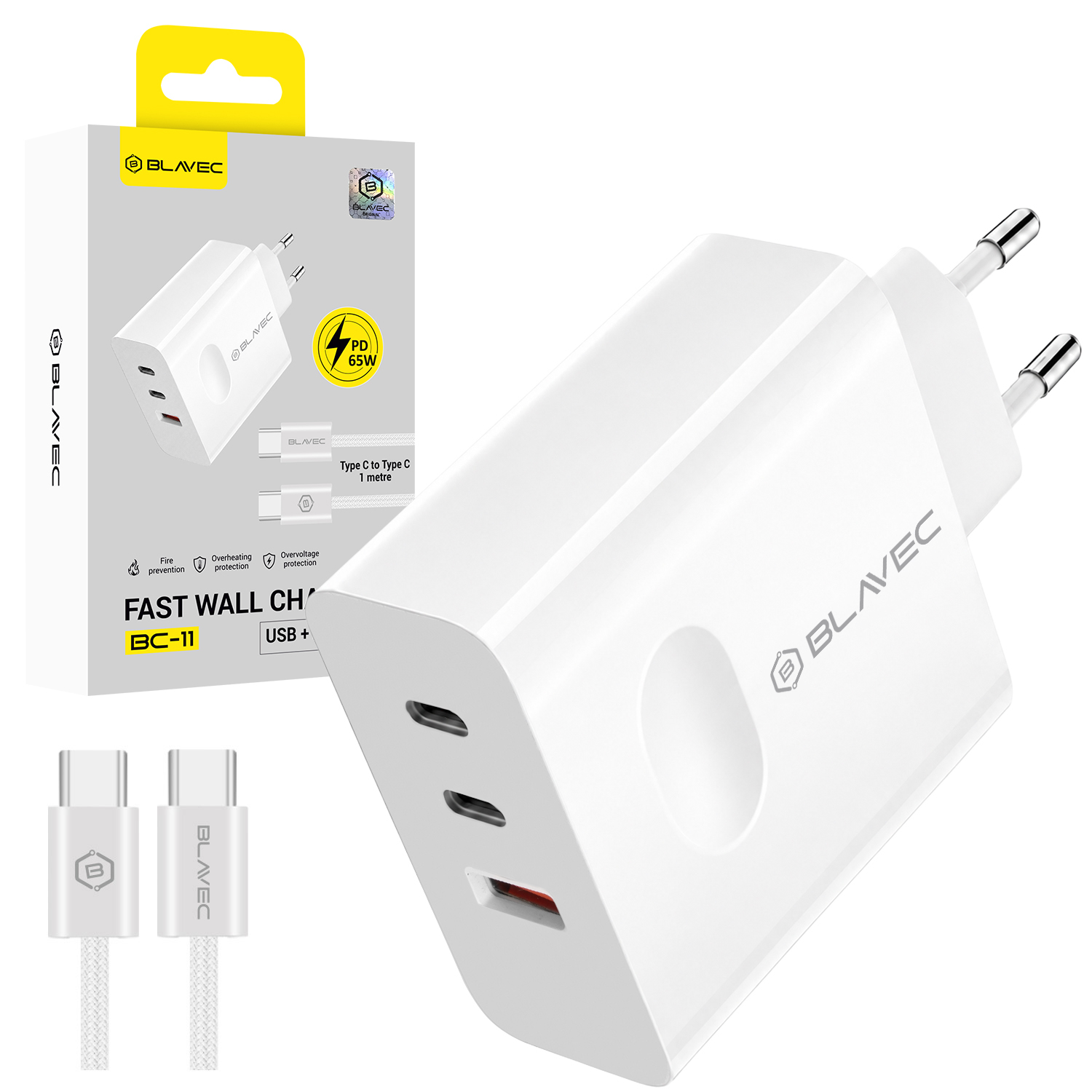Blavec seinälaturi BC-11 GaN - USB + 2xType C - QC PD 65W 3A ja Type C - Type C -kaapeli (TCBC11G-U2CW653A) valkoinen