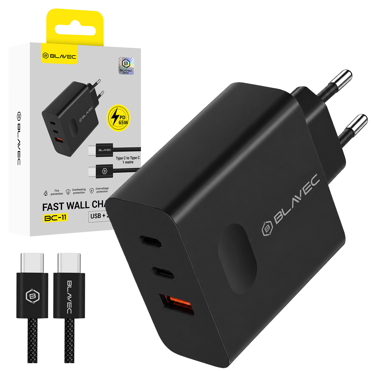 Blavec seinälaturi BC-11 GaN - USB + 2xType C - QC PD 65W 3A ja Type C - Type C -kaapeli (TCBC11G-U2CB653A) musta
