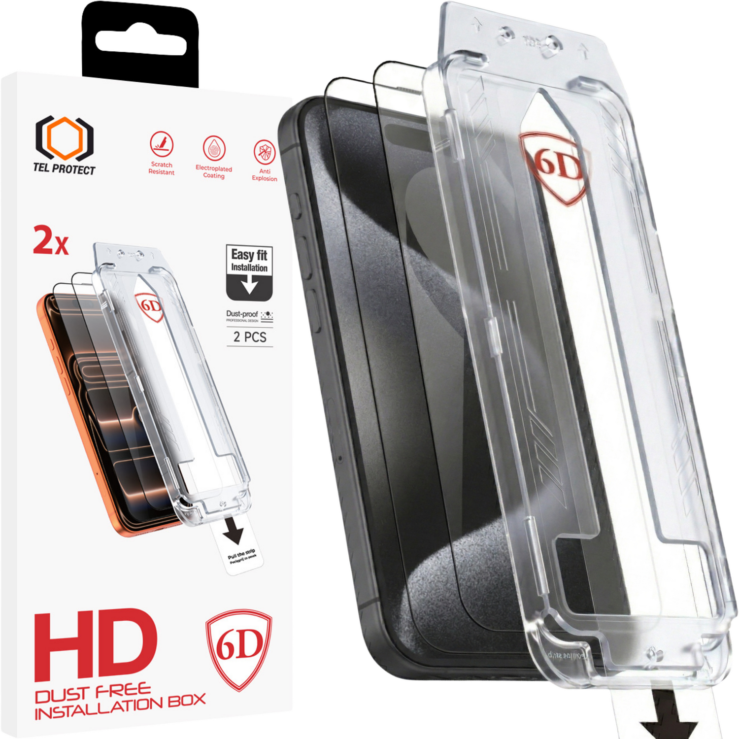 Tel Protect Dust-Free Easy Fit Full Glue 6D karkaistu lasi Iphone 15 Pro Max musta - 2 kpl