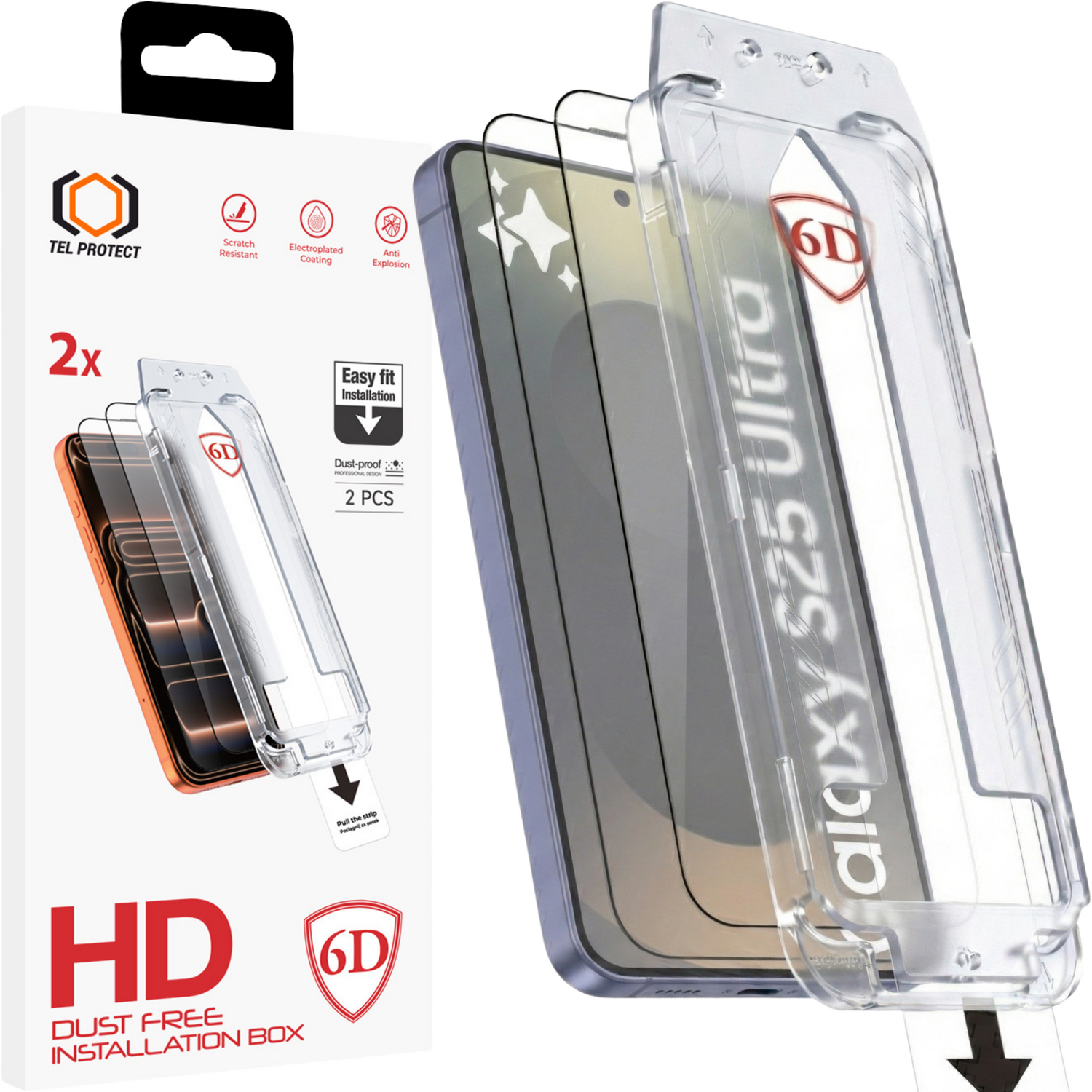 Tel Protect Dust-Free Easy Fit Full Glue 6D karkaistu lasi Samsung Galaxy S25 musta (sormenjäljen avauksella) - 2 kpl