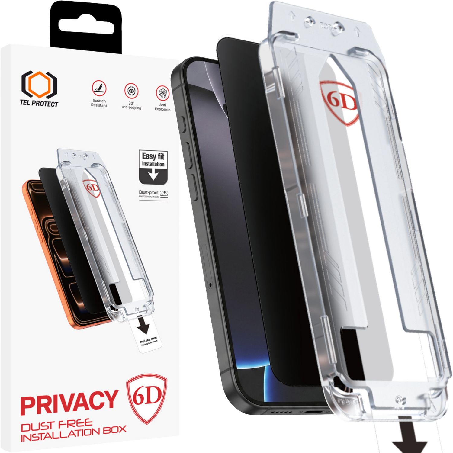Tel Protect Dust-Free Easy Fit Privacy Full Glue 6D karkaistu lasi Iphone 15 Pro Max musta