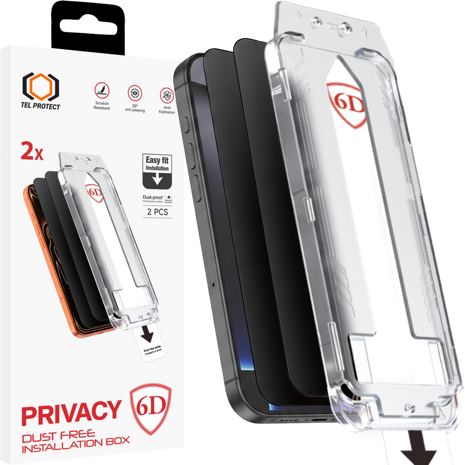 Tel Protect Dust-Free Easy Fit Privacy Full Glue 6D karkaistu lasi Iphone 16 Pro/17 musta - 2 kpl
