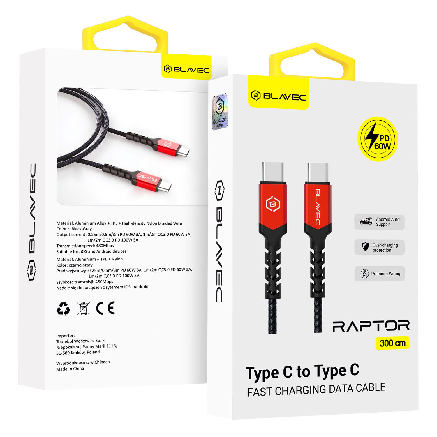 Blavec Raptor punottu kaapeli - Type-C - Type-C - PD 60W 3A 3 m Apple CarPlay/Android Auto (CRA-CC3BR30) musta-punainen