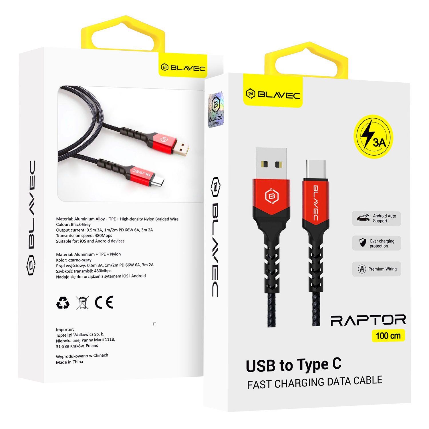 Blavec kaapeli Raptor punottu - USB - Type C - 3A 1 metri Apple CarPlay/Android Auto (CRA-UC3BR10) musta-punainen