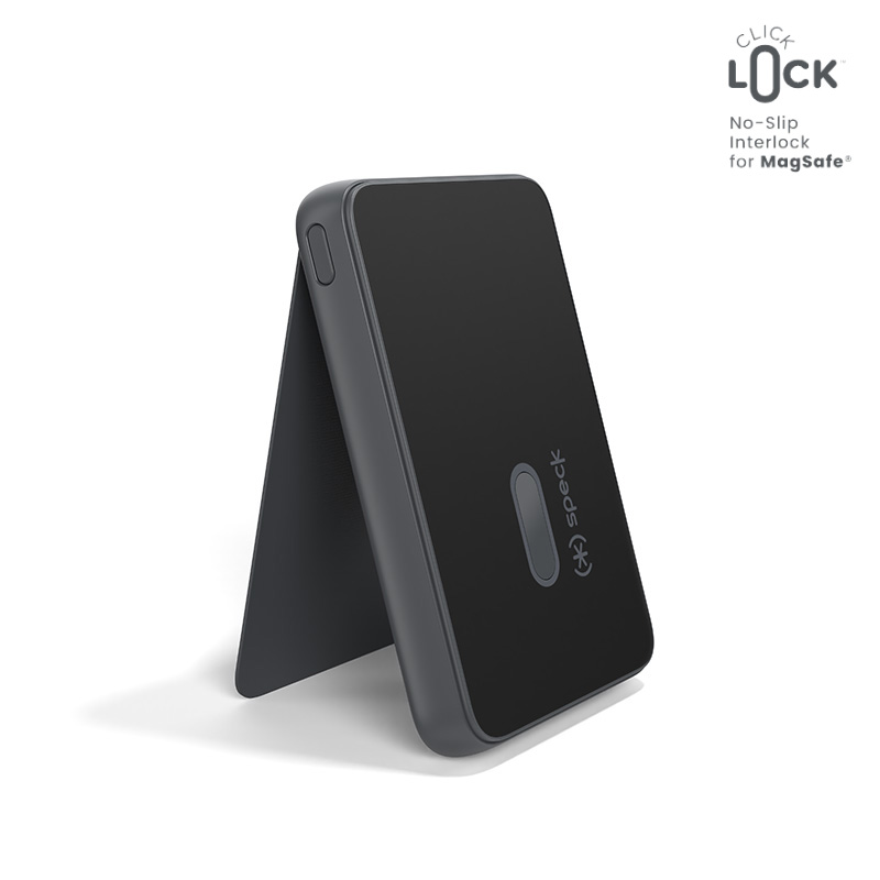 Speck StandyBank + ClickLock 5 000 mAh:n magneettinen varavirtalähde jalustalla, jopa 15 W:n langaton lataus, MagSafe-yhteensopiva, musta