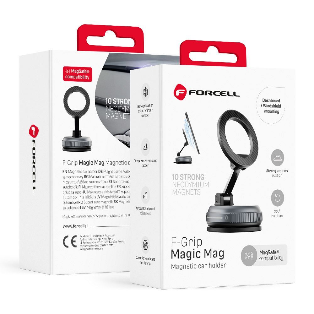 Forcell F-Grip Magic Mag magneettinen autoteline puhelimelle imukupilla, MagSafe-yhteensopiva – musta