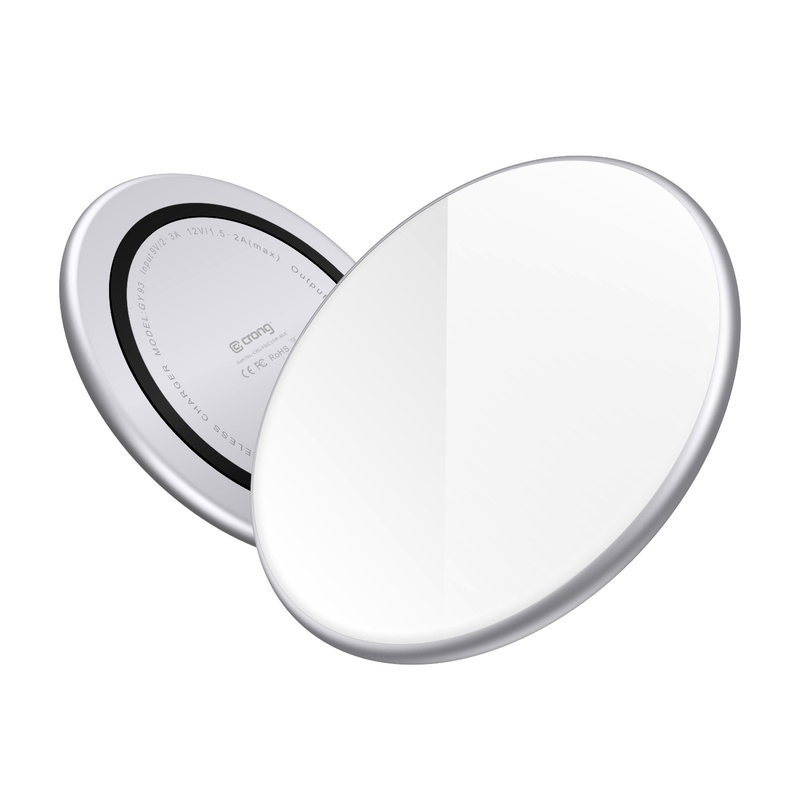 Crong PowerSpot Qi 15 W USB-C langaton laturi karkaistulla lasipinnalla, hopeanvärinen ja valkoinen