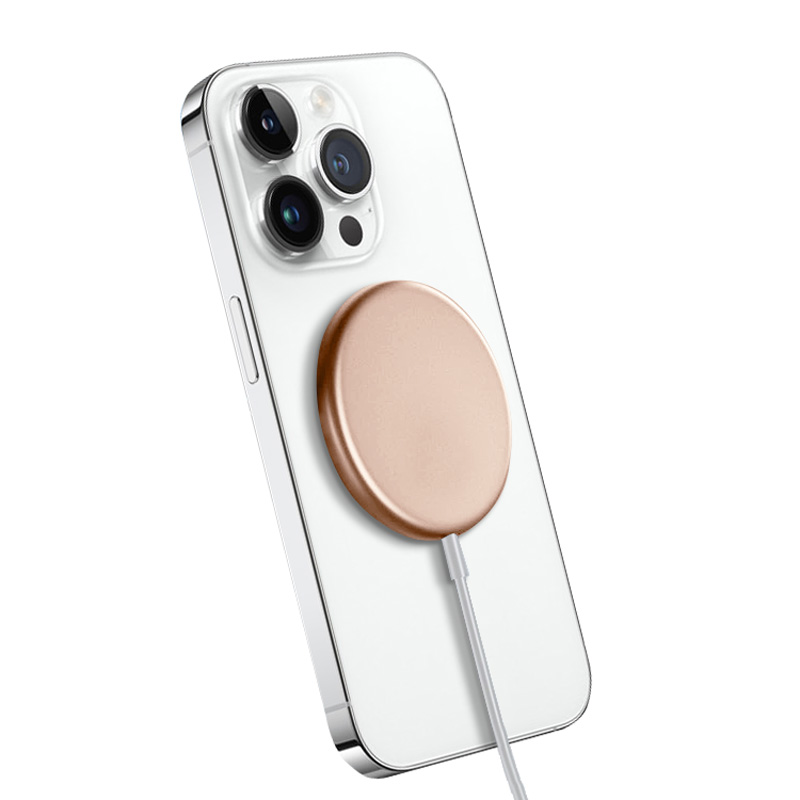Crong MagSpot alumiininen 15 W magneettinen langaton laturi, MagSafe-yhteensopiva, kullanvärinen