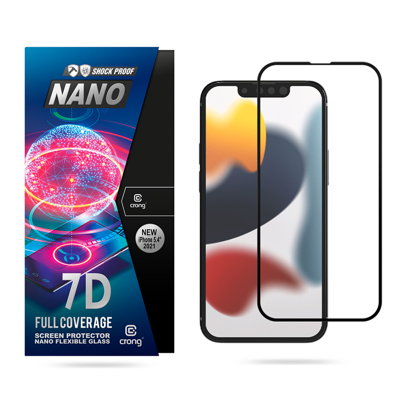 Crong 7D Nano Flexible Glass 9H koko näytön peittävä hybridinäytönsuoja iPhone 13 Mini -laitteelle