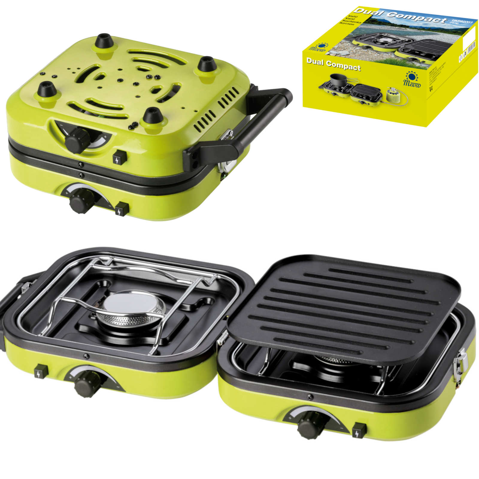 Meva DUAL COMPACT + GRILL retkikaasukeitin kaasupatruunoille, taitettava 2-polttiminen malli grillilevyllä