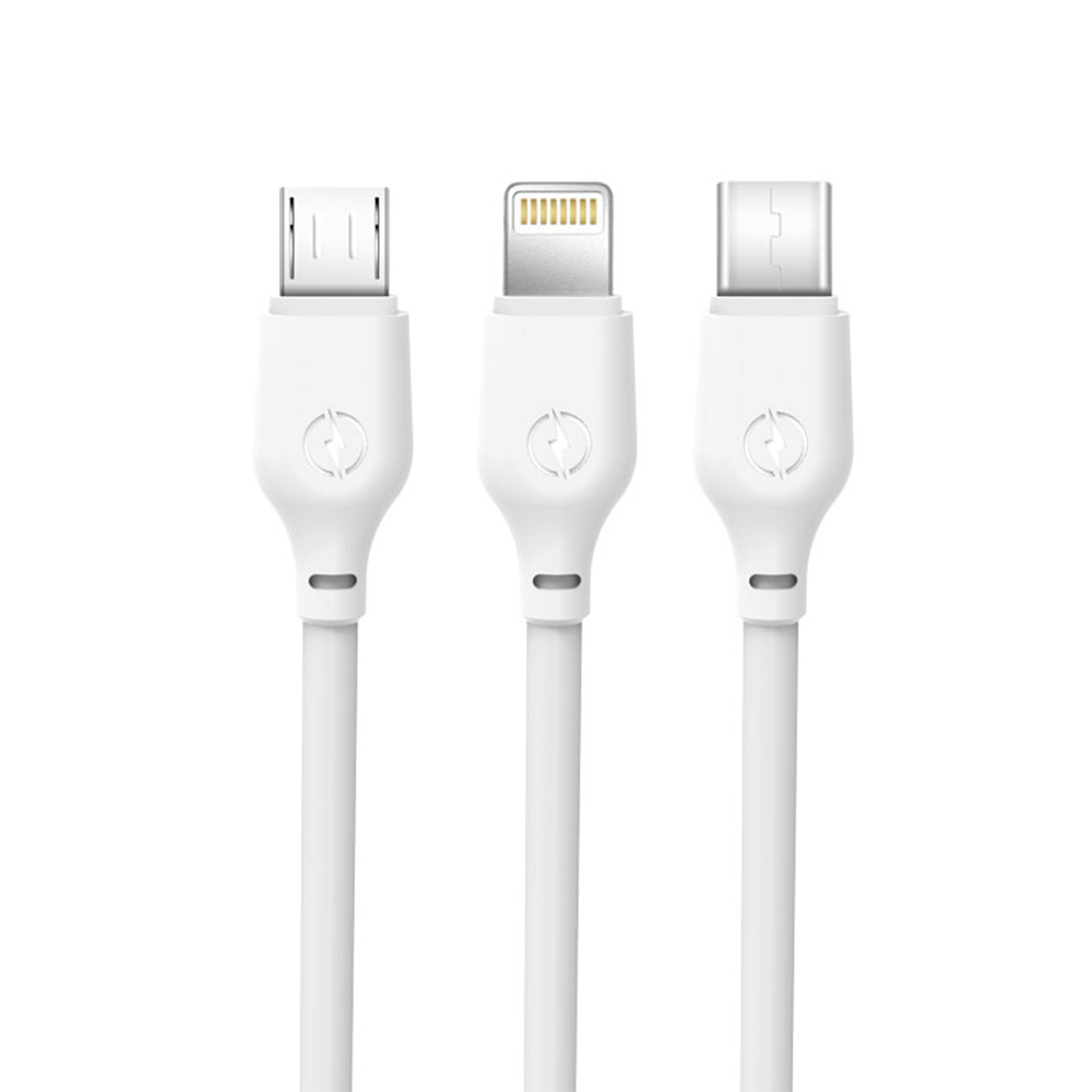 XO NB103 3-in-1 USB-A-kaapeli Lightning-, USB-C- ja Micro-USB-liittimillä, 1 m, 2,1 A – valkoinen