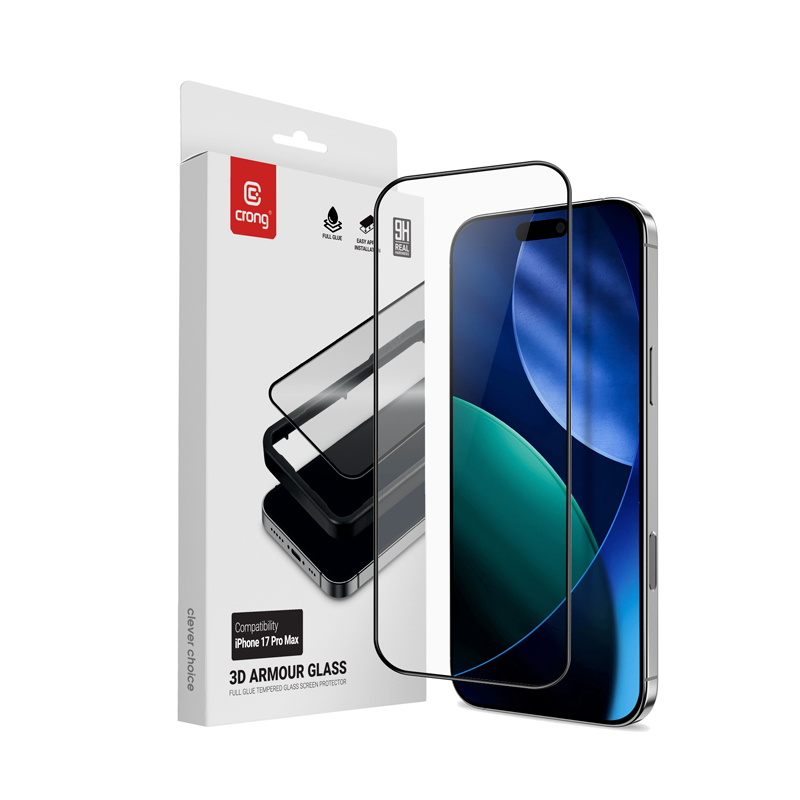 Crong 3D Armor Glass tempered-glass screen protector for iPhone 17 Pro Max, with installation frame