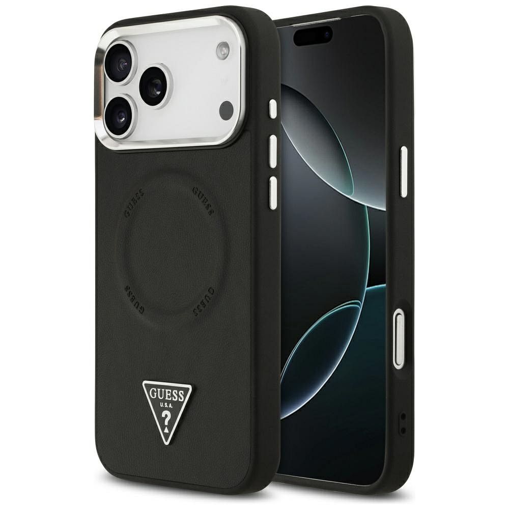 Guess MagSafe PU Nahkainen Suojakuori Triangle Logo -logolla ja hopeisella metallikamerakehyksellä iPhone 17 Pro:lle - Musta