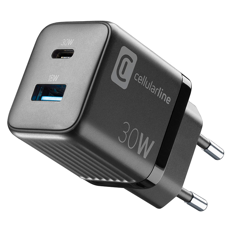 Cellularline Multipower Micro GaN USB-C- ja USB-A Power Delivery -verkkolaturi, 30 W, musta