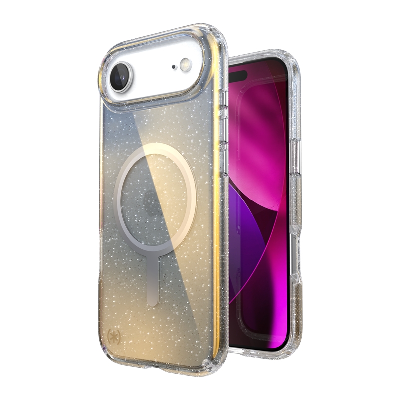 Speck Presidio Lux Glitter MagSafe suojakuori iPhone Air -laitteelle, Clear / Hyper Mirror Glitter -värinen