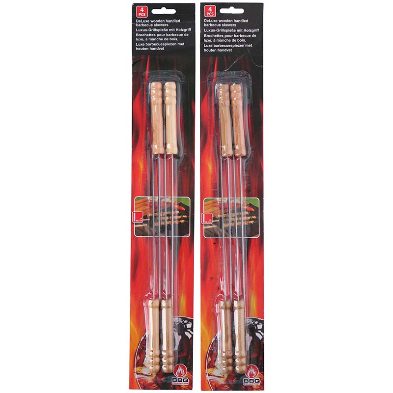 BBQ stainless-steel grill skewers with wooden handles, 38 cm, 4 pieces