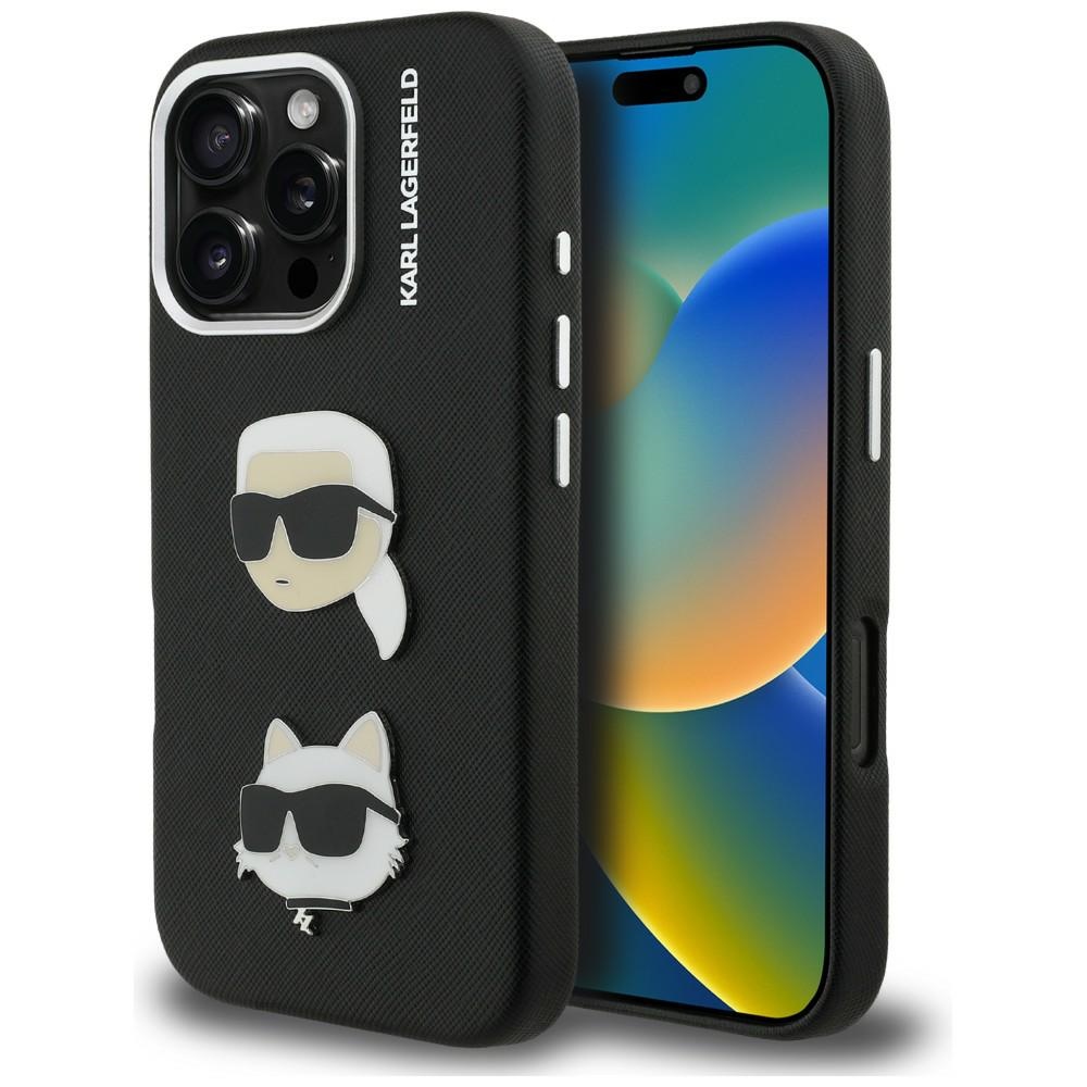 Karl Lagerfeld FW Grained Karl & Choupette Heads Pins -suojakuori mallille iPhone 16 Pro Max – musta