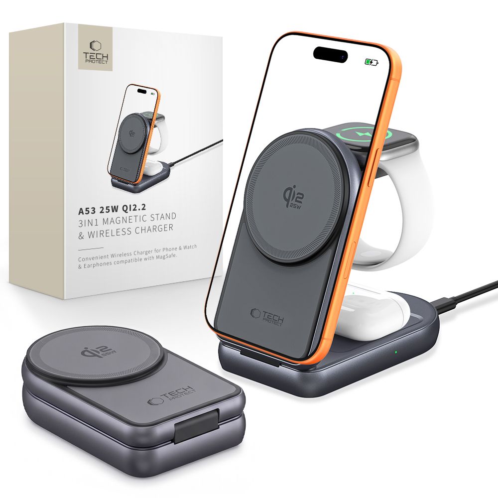 Tech-Protect A53 MagSafe Qi2.2 25 W langaton 3-in-1-latausasema – tummanharmaa
