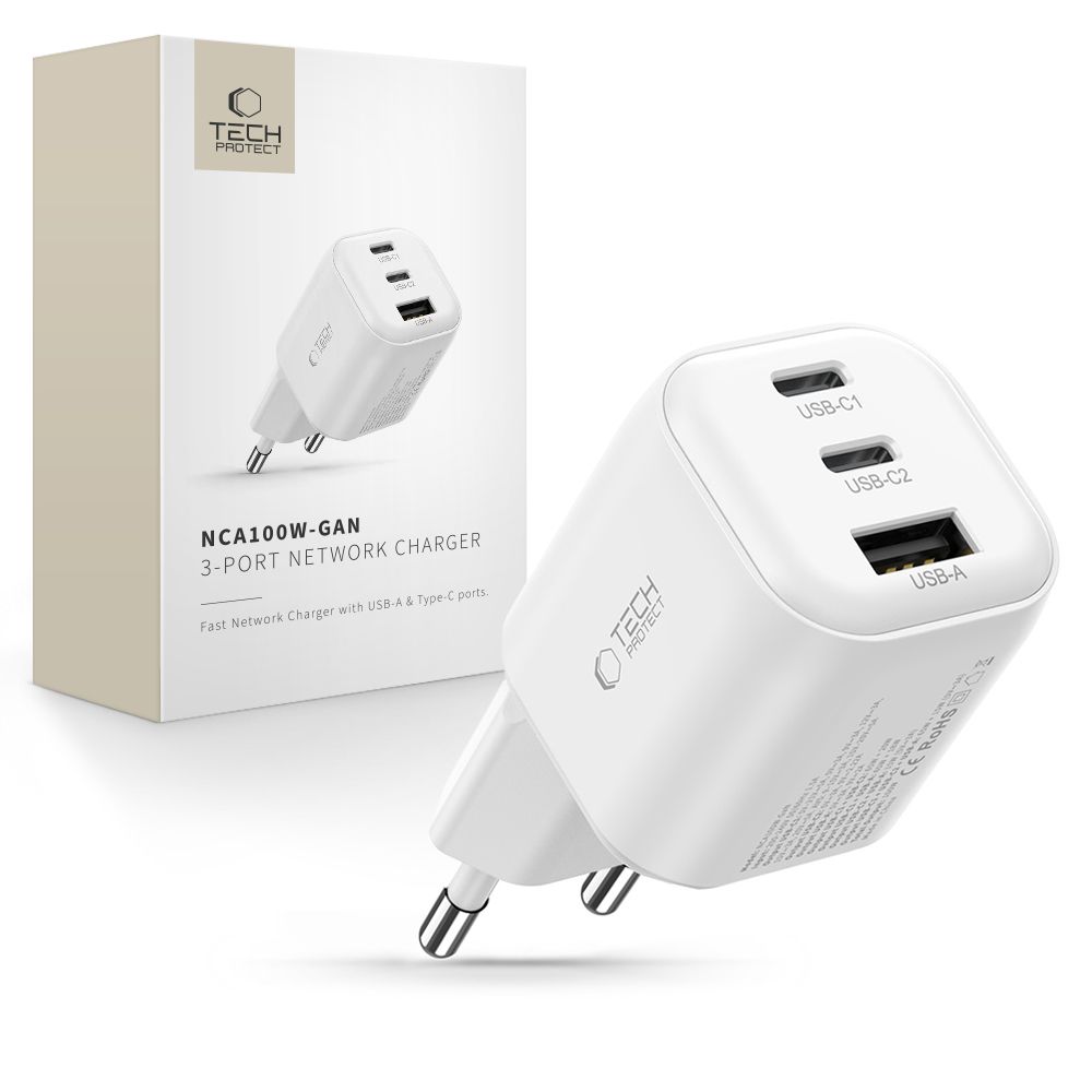 Tech-Protect NCA100W-GaN 3-liitäntäinen 100 W PD 3.2/QC 3.0 -verkkolaite – valkoinen