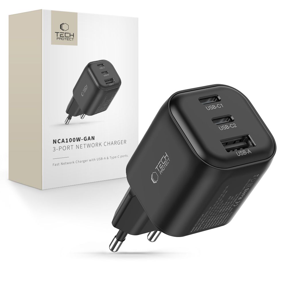 Tech-Protect NCA100W-GaN 3-liitäntäinen 100 W PD 3.2/QC 3.0 -verkkolaite – musta
