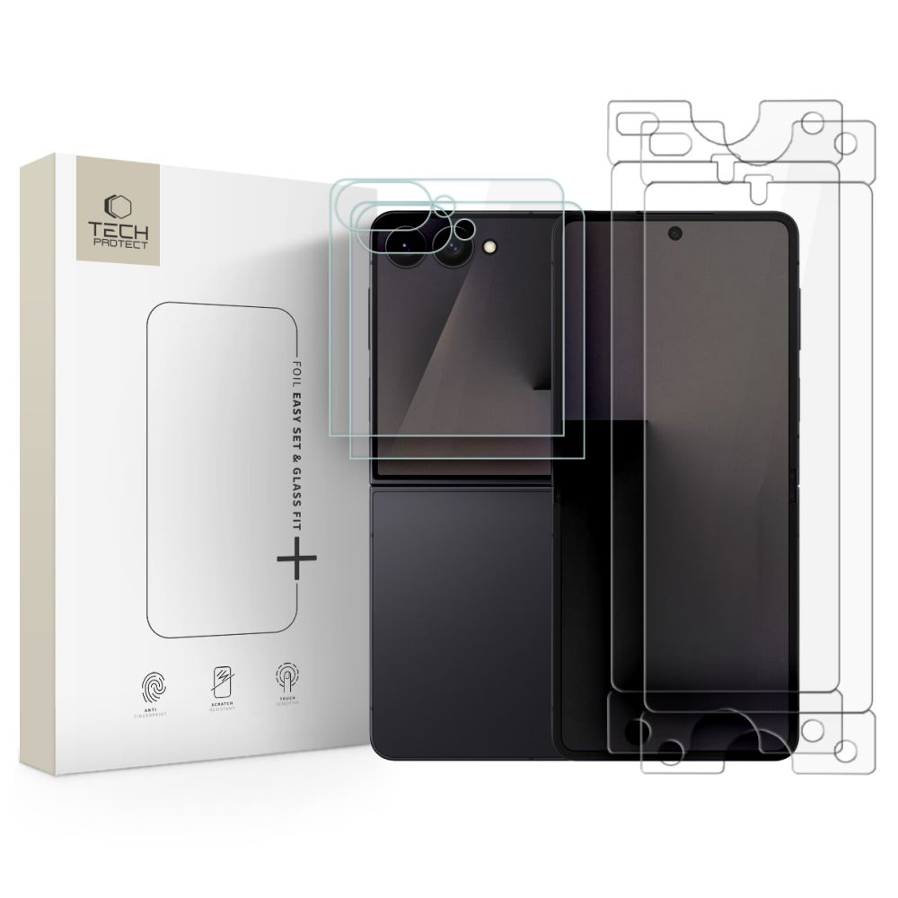 Tech-Protect-suojapakkaus Samsung Galaxy Z Flip 7 / 8 -puhelimelle: Glass Fit+ -karkaistu lasi, 2 kpl, ja Hydro Flex+ -hydrogeelikalvo, 2 kpl