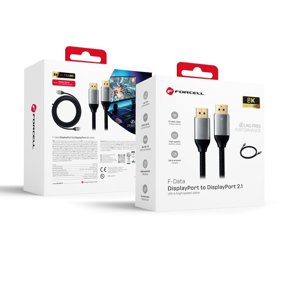 Forcell DisplayPort 2.1 -kaapeli, 16K/60 Hz, 8K/120 Hz, 4K/240 Hz, HDR, Ethernet, G-SYNC/FreeSync, 80 Gbit/s, 2 m – musta